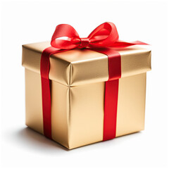 Obraz premium Golden gift box with red ribbon bow isolated on white background