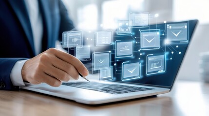 Futuristic Businessman Using Laptop with Digital Interface for Email and Data Management in Modern Office Setting