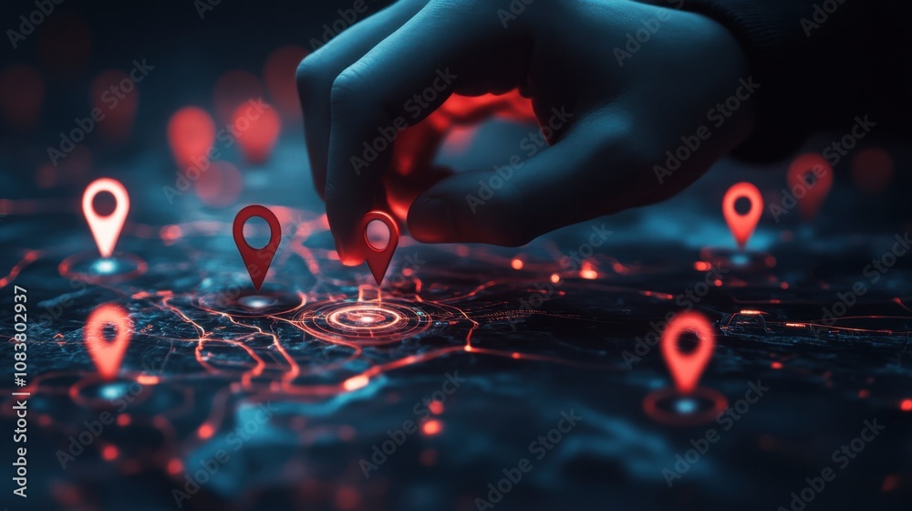 Poster hand placing location pin on a digital map display, representing navigation and mapping technology, 