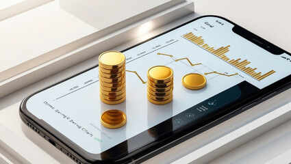 digital app interface displaying gold coins and savings charts, showcasing blend of technology and financial security