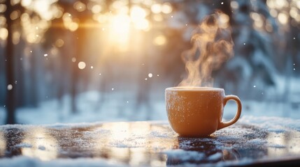 Steaming tea mug on frosted glass table with winter view