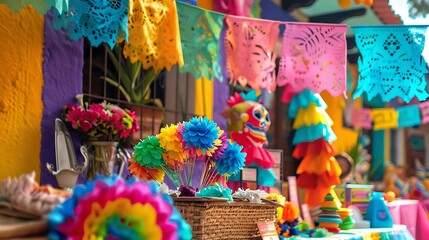 Fototapeta premium A vibrant Cinco de Mayo celebration scene with colorful pi?+/-atas, flags, and traditional decorations on display.