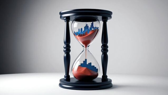 hourglass filled with fluctuating stock data instead of sand, highlighting urgency and risk in financial forecasting - Powered by Adobe