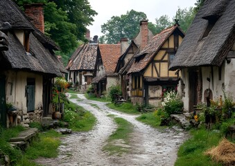 A small medieval village with thatched roofs and a narrow dirt road winding through the village with quaint rustic charm