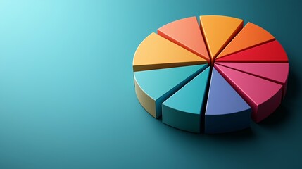 Obraz premium A vibrant 3D pie chart with multiple colorful segments, presented on a clean teal background.