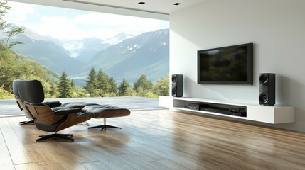 Fototapeta premium Modern living room with mountain view, featuring a television, a speaker system, and two leather chairs.