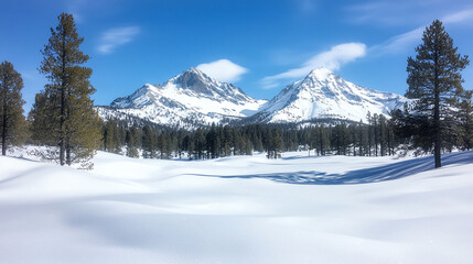 Landscape background wallpaper Snow capped mountains under clear blue sky with pine trees in winter landscape. serene beauty of nature evokes sense of peace and tranquility