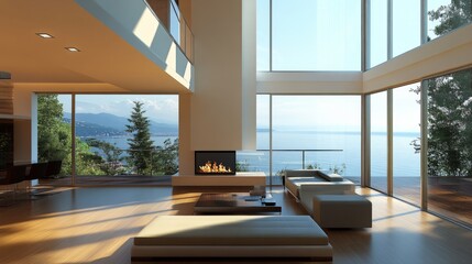 Fototapeta premium Modern Living Room with Fireplace and Ocean View