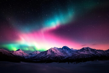 The Northern Lights stretching across the sky above Denali National Park, with snow-covered peaks in the distance.