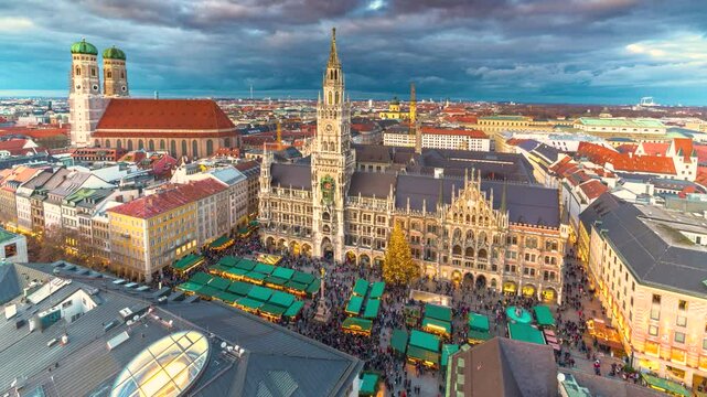 Munich (M&uuml;nchen) Germany time lapse 4K, high angle view city skyline timelapse at Marienplatz new Town Hall Square
