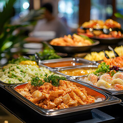 A vibrant buffet display featuring a variety of deliciously prepared dishes, including seafood, vegetables, and rice, showcasing an enticing assortment of flavors.