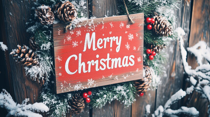 "Merry Christmas" Painted on a Festive Wreath Hung on a Snowy Wooden Door