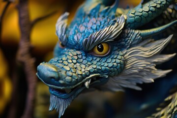 Fototapeta premium Detailed blue dragon sculpture with yellow eyes