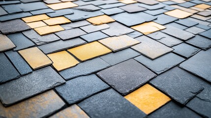 Fototapeta premium Close-up view of a textured slate roof with alternating dark blue and yellow tiles, showcasing a geometric pattern and contrast in colors.