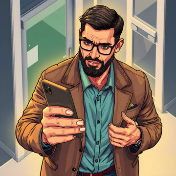 Man holding smartphone with security pass