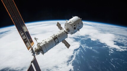 Fototapeta premium Cargo spacecraft slowly approaching a large space station, symbolizing the advancement and collaboration in space exploration.