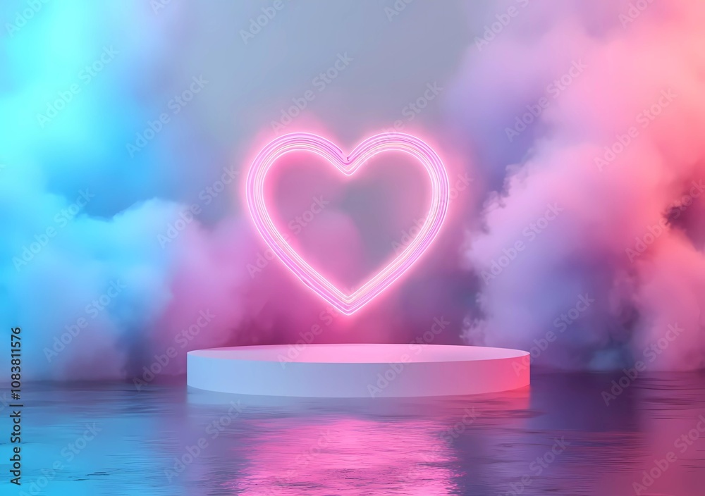 Fototapete 3d rendering of a podium with a heart-shaped neon light frame and a pastel-colored smoke cloud on a 