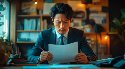 Fototapeta premium young european man in suit writing business papers at desk in minimal office.