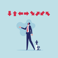 Fototapeta premium Businessman choose career path, make life decision choice, decide the right or wrong direction, confusion or thinking to find the way concep