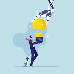 Collaboration between humans and artificial intelligence or AI, Changing work processes for organizational development, Businessman putting together an idea lightbulb jigsaw puzzle with a robot hand