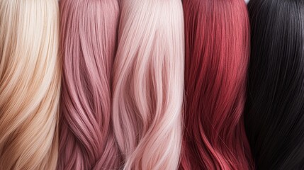 Naklejka premium A close-up of flowing strands of colorful hair, showcasing various shades and textures.