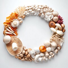 Fototapeta premium A beautifully arranged circular display of various mushrooms showcasing their diverse colors and shapes.