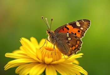 Obraz premium A brown and orange butterfly with spotted wings perched on a yellow flower against a blurred green background