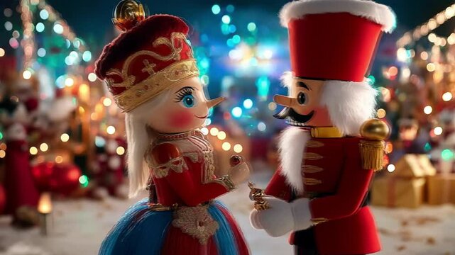 A festive scene featuring a Nutcracker and a Sugar Plum Fairy exchanging gifts.