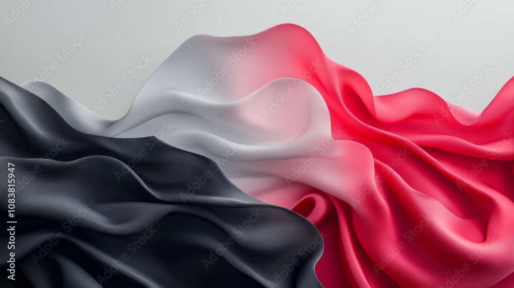Poster a piece of fabric with a black and white pattern and a red stripe