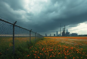 A chain link fence in the foreground with a grassy field and buildings in the background