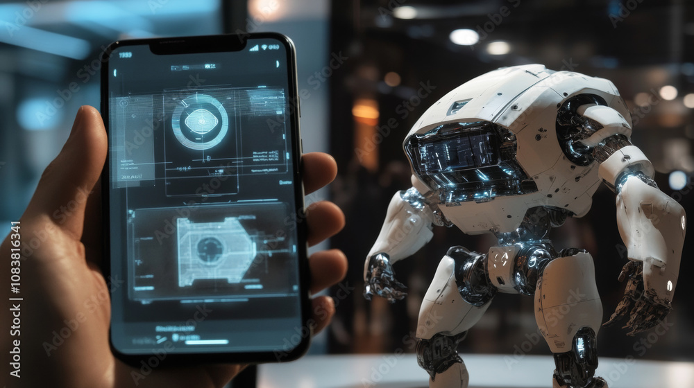 Poster a hand holding a phone with ai technology. a futuristic robot with ai. a computer screen shows ai co