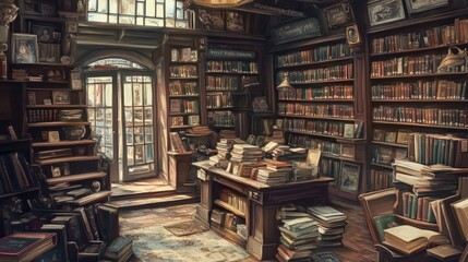 Fototapeta premium Cozy bookstore interior with bookshelves and window.