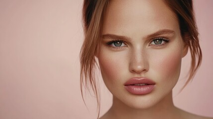 Fototapeta premium Close-up portrait of a woman with soft makeup and natural beauty.