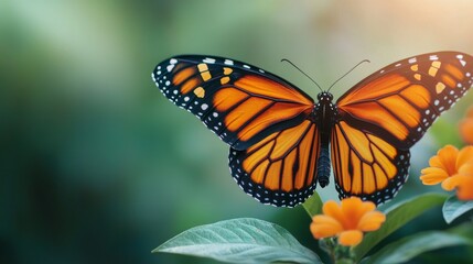 Obraz premium A vibrant monarch butterfly perched on a bright flower against a soft, blurred green background, showcasing nature's beauty and intricate details.