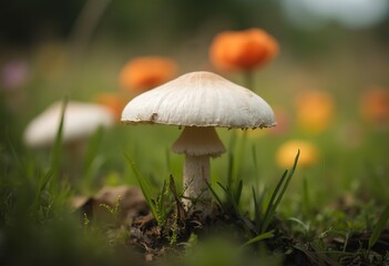 A close-up of a white mushroom cap with a brown stem
