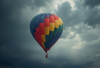 Fototapeta premium A colorful hot air balloon with a rainbow pattern, floating against a cloudy sky