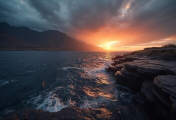 Obraz premium A dramatic sunset over a coastal landscape with rocky cliffs, a body of water, and distant mountains in the background under a cloudy sky