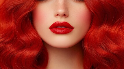 A stunning close-up portrait of a doll with vibrant red hair, striking red lips, and flawless makeup, embodying beauty and elegance.