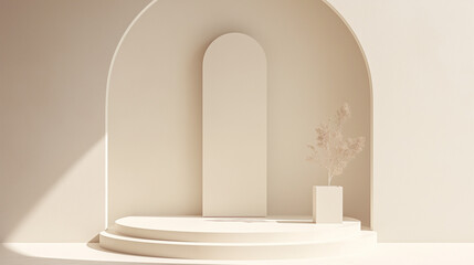 Fototapeta premium beige colored empty studio room background for product display, abstract minimal wall scene vector presentation design template with copy space, A beige room with a archway pedestal