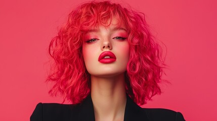 Fototapeta premium A striking portrait of a woman with vibrant pink curly hair and bold makeup, set against a bright pink background.