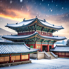 Fototapeta premium landscape in winter with roof of gyeongbokgung