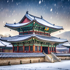 Fototapeta premium landscape in winter with roof of gyeongbokgung