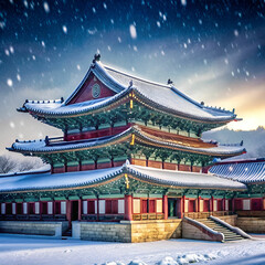 Obraz premium landscape in winter with roof of gyeongbokgung