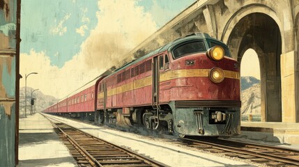 Obraz premium Vintage red train at a railway station.