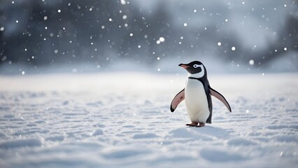 Obraz premium Cute Penguin Walking in Snowy Landscape with Soft Snowfall Background
