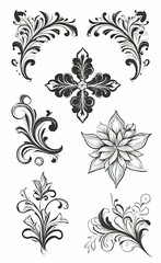 Fototapeta premium Set of floral corners with minimalistic plant pattern, vector illustration, monochrome, isolated on white background