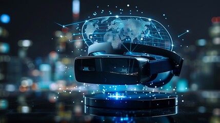 A virtual reality headset with a holographic world map floating above it.