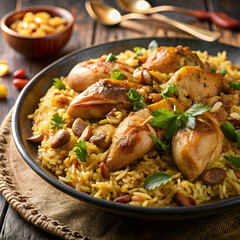 Fototapeta premium A close-up of Kabsa, Arabic dish featuring spiced rice, tender chicken, and garnished with crunchy almonds.