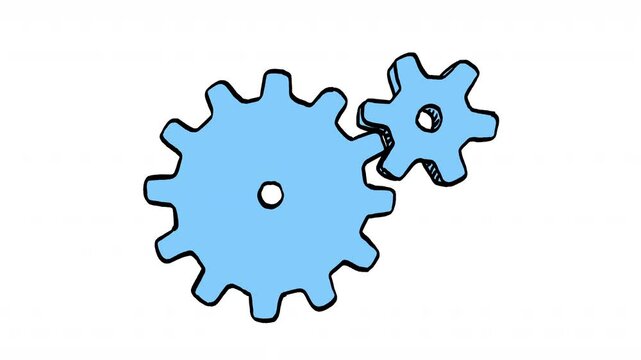 Two blue gears turning on white background hand drawn looping animation