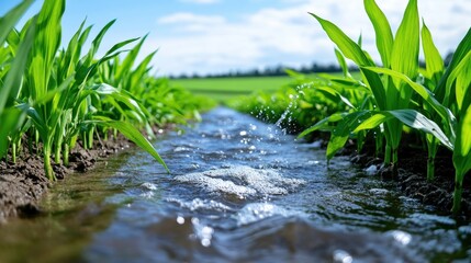 Lush Green Cornfield with Clear Water Stream Flowing Between Rows, Vibrant Nature Landscape under Blue Sky and Fluffy Clouds